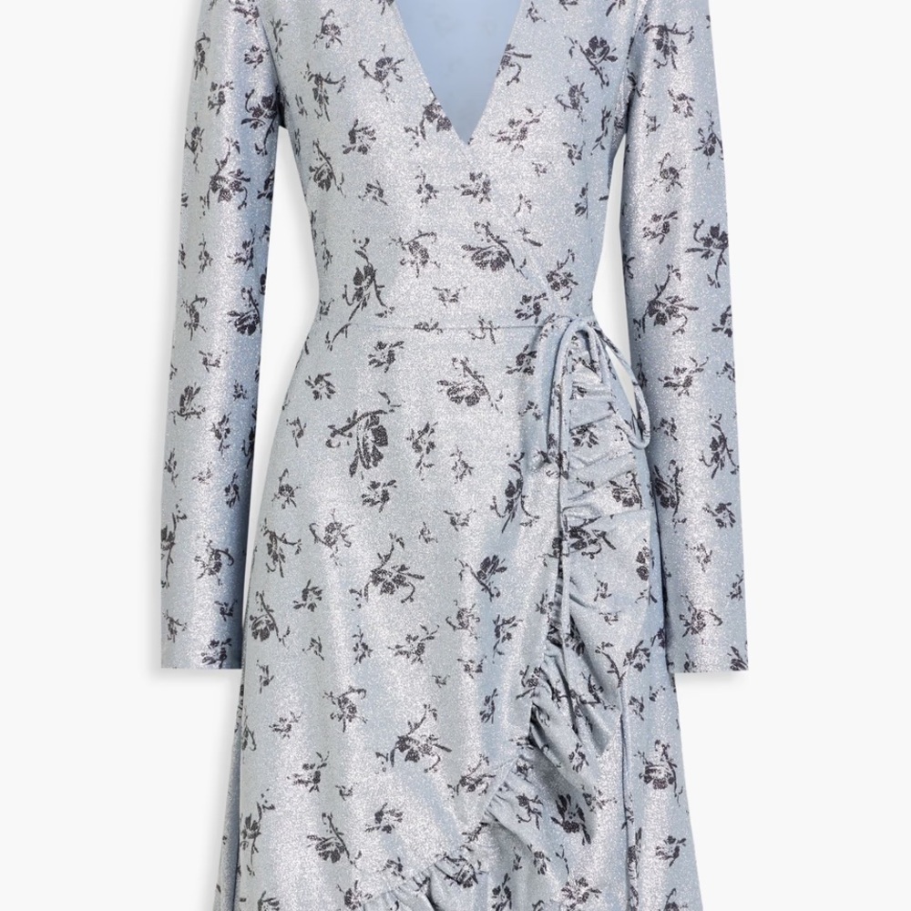 Ganni Blue Wrap Ruffled Dress with Bishop Sleeves
